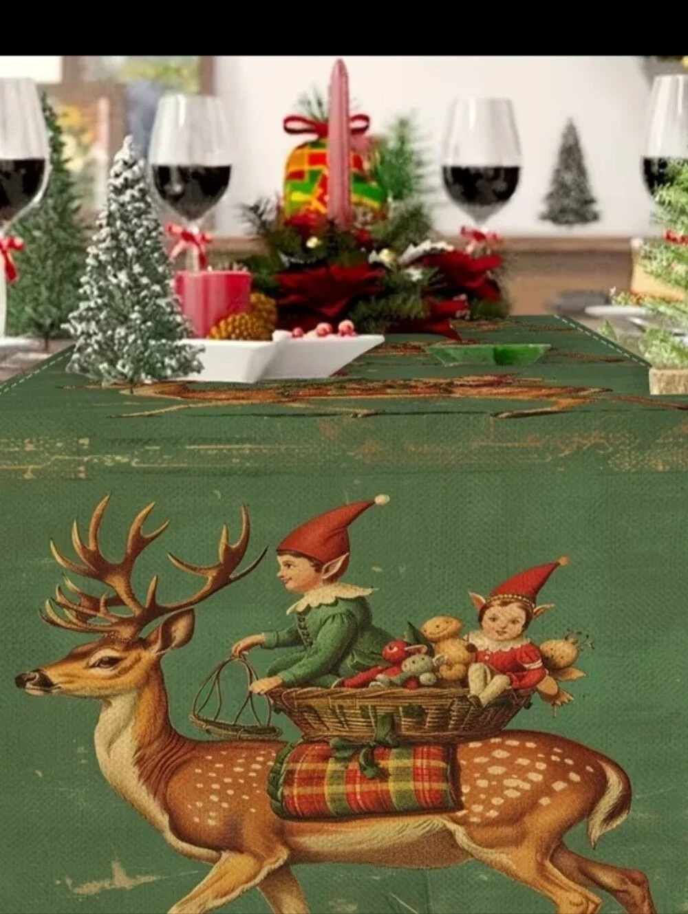 German Barvarian Christmas Tablecloth Runner Elves Reindeers Retro Cottagecore